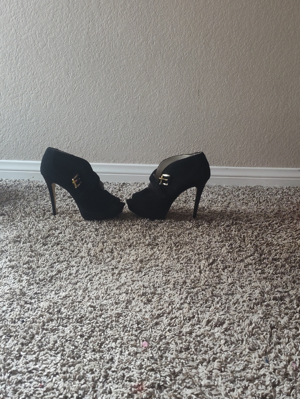Michael Kors Black Suede Peep-Toe Stiletto Booties with Gold Buckle